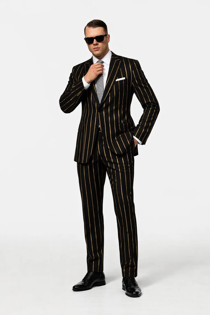 Men's Black And Gold Pinstripe Suit. Available In With Double Breasted Vest