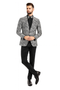 Men's slim-fit black & silver paisley tuxedo jacket. Features a patterned exterior, single-button closure, and is styled with a matching bow tie and black pants.
