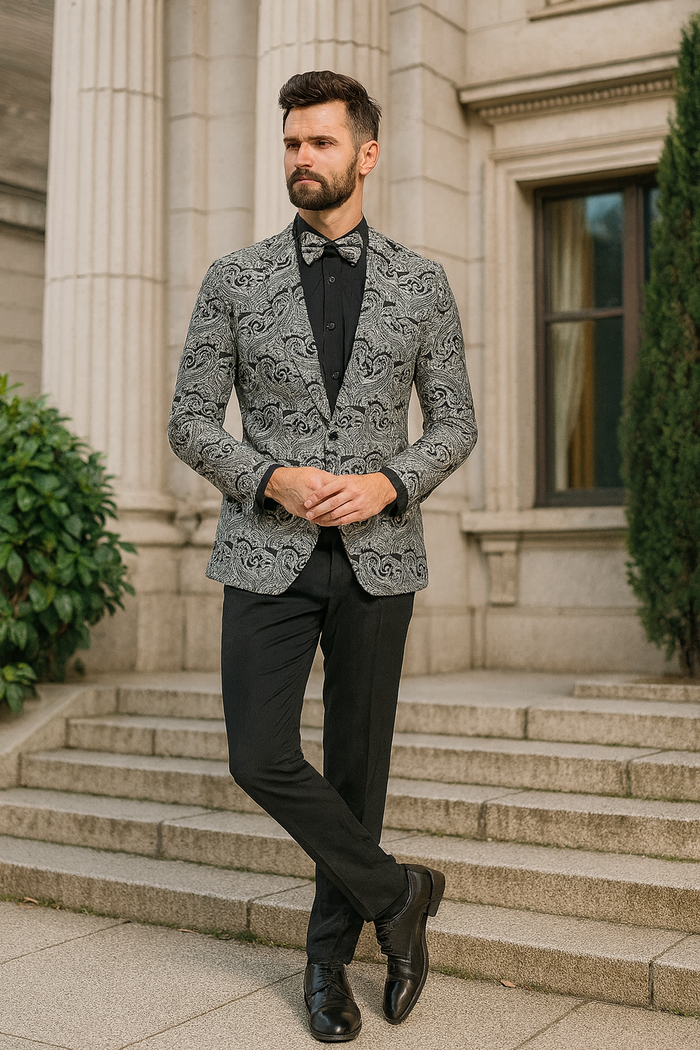 Men's black and silver paisley tuxedo jacket in a slim fit. Features a structured shape and patterned fabric, paired with a matching bow tie and black pants.

