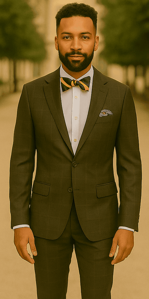 Men's Brown Plaid Slim Fit Suit by Rossiman Rossi – Peak Lapel Jacket & Tapered Pants