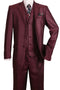 Men's burgundy three-piece suit. Classic fit, three-button jacket, and vest. Smooth, slightly shiny fabric. Pleated pants complete the look.
