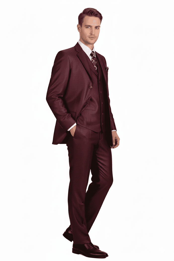Burgundy three-piece suit: classic cut, pleated pants, vested design, and three-button blazer. Rich, matching burgundy color.
