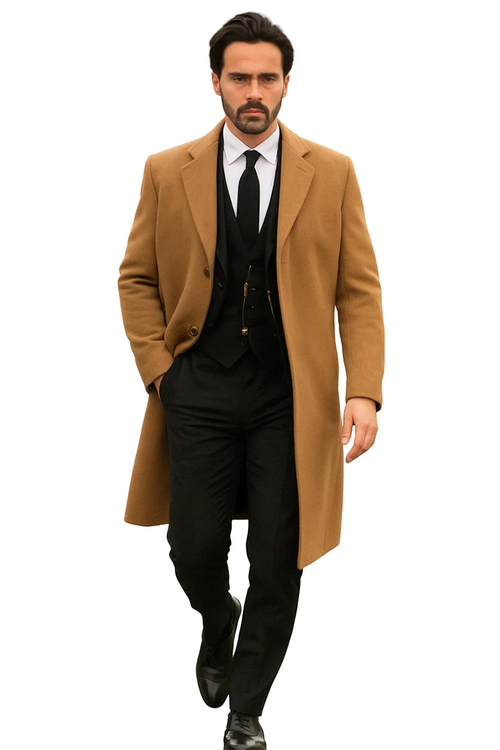 Classic men's camel overcoat: single-breasted, peak lapel, knee-length. Straight cut, long sleeves. Smooth, solid camel wool. Button closure. Timeless, elegant design.

