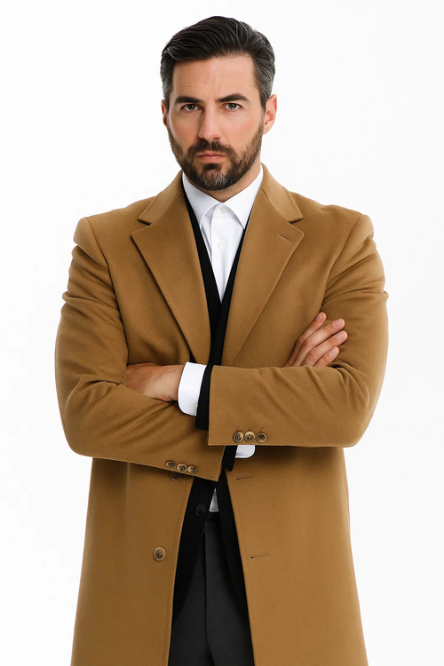 Men's camel wool overcoat. Classic single-breasted design with peak lapel & buttoned cuffs. Warm camel color.
