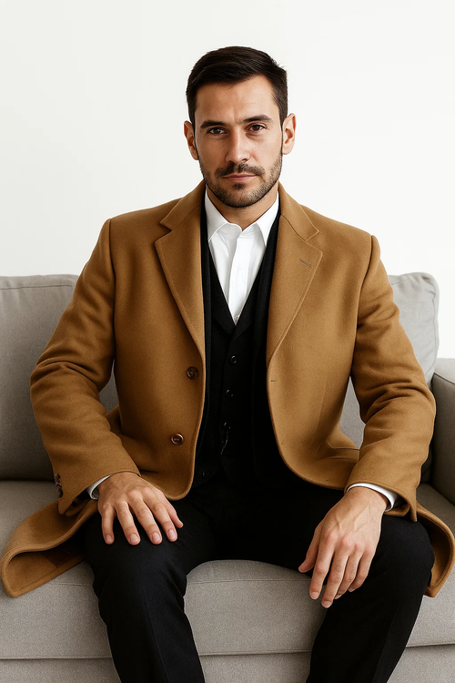 Men's camel wool overcoat: classic single-breasted, peak lapel design. Warm camel color, brown buttons. A timeless and elegant outerwear piece.

