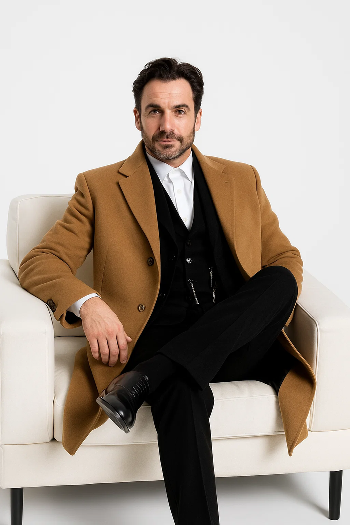 Classic men's camel overcoat. Single-breasted, peak lapel, tailored fit. Wool fabric, structured shoulders, long sleeves. Solid warm camel color. Traditional style.
