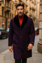 Men's (Removable ) Dress Coat Fur Collar Dark Purple 3 Button Full Length Overcoat ~ Long Men's Dress Topcoat - Winter coat full length Fabric Also