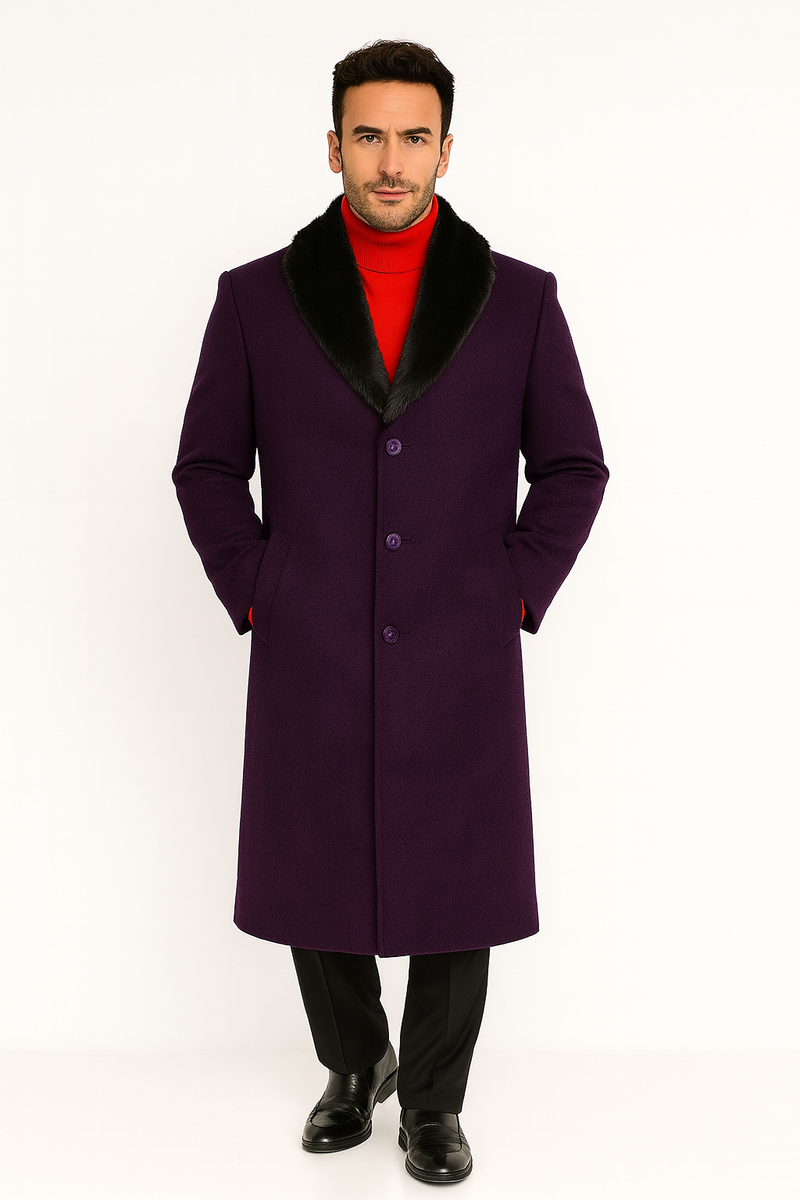 Men's (Removable ) Dress Coat Fur Collar Dark Purple 3 Button Full Length Overcoat ~ Long Men's Dress Topcoat - Winter coat full length Fabric Also