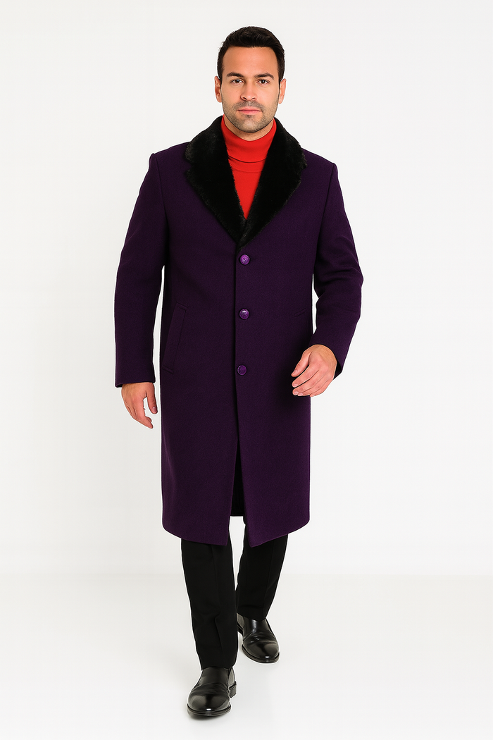 Men's (Removable ) Dress Coat Fur Collar Dark Purple 3 Button Full Length Overcoat ~ Long Men's Dress Topcoat - Winter coat full length Fabric Also