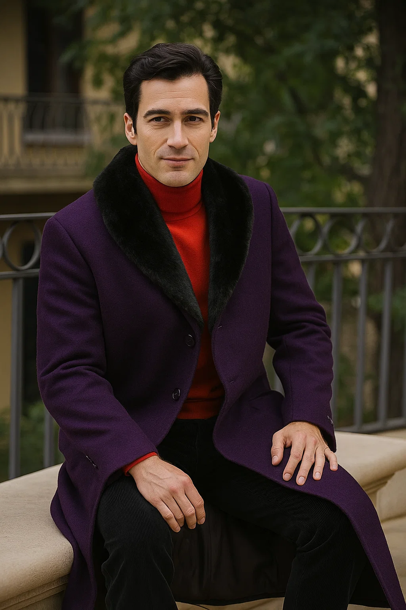 Men's (Removable ) Dress Coat Fur Collar Dark Purple 3 Button Full Length Overcoat ~ Long Men's Dress Topcoat - Winter coat full length Fabric Also