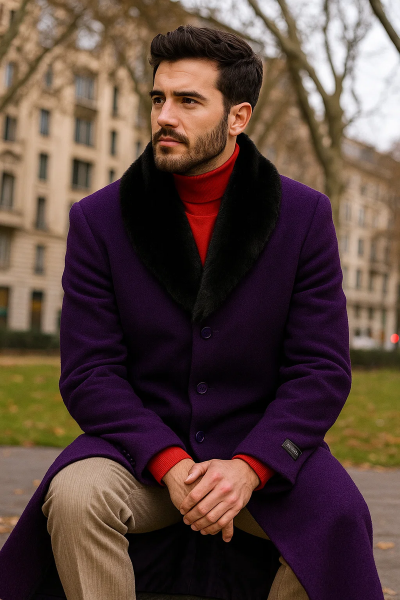 Men's (Removable ) Dress Coat Fur Collar Dark Purple 3 Button Full Length Overcoat ~ Long Men's Dress Topcoat - Winter coat full length Fabric Also