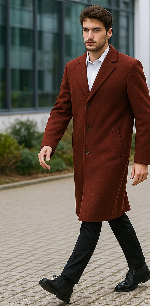 Men's Dress Coat Full Length Wool Dress Top Coat / Overcoat in Burgundy Overcoat