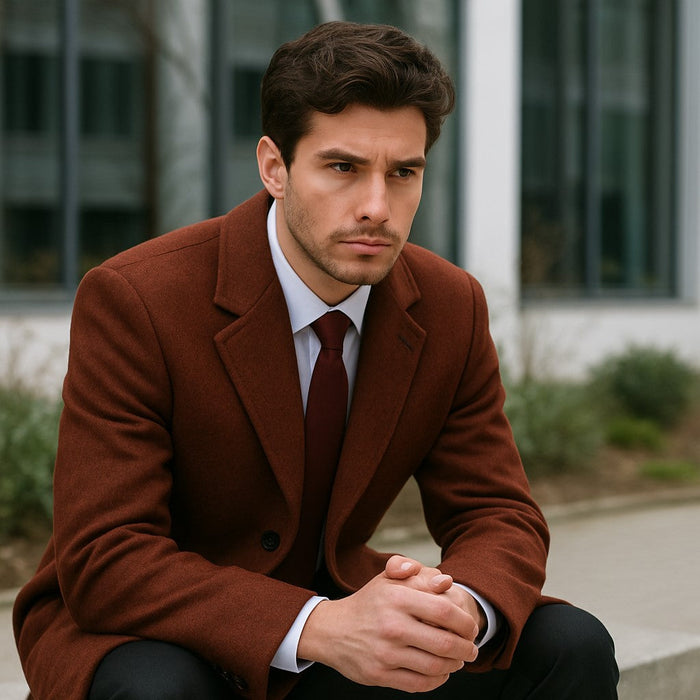 Men's Dress Coat Full Length Wool Dress Top Coat / Overcoat in Burgundy Overcoat