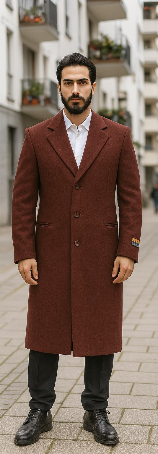 Men's Dress Coat Full Length Wool Dress Top Coat / Overcoat in Burgundy Overcoat