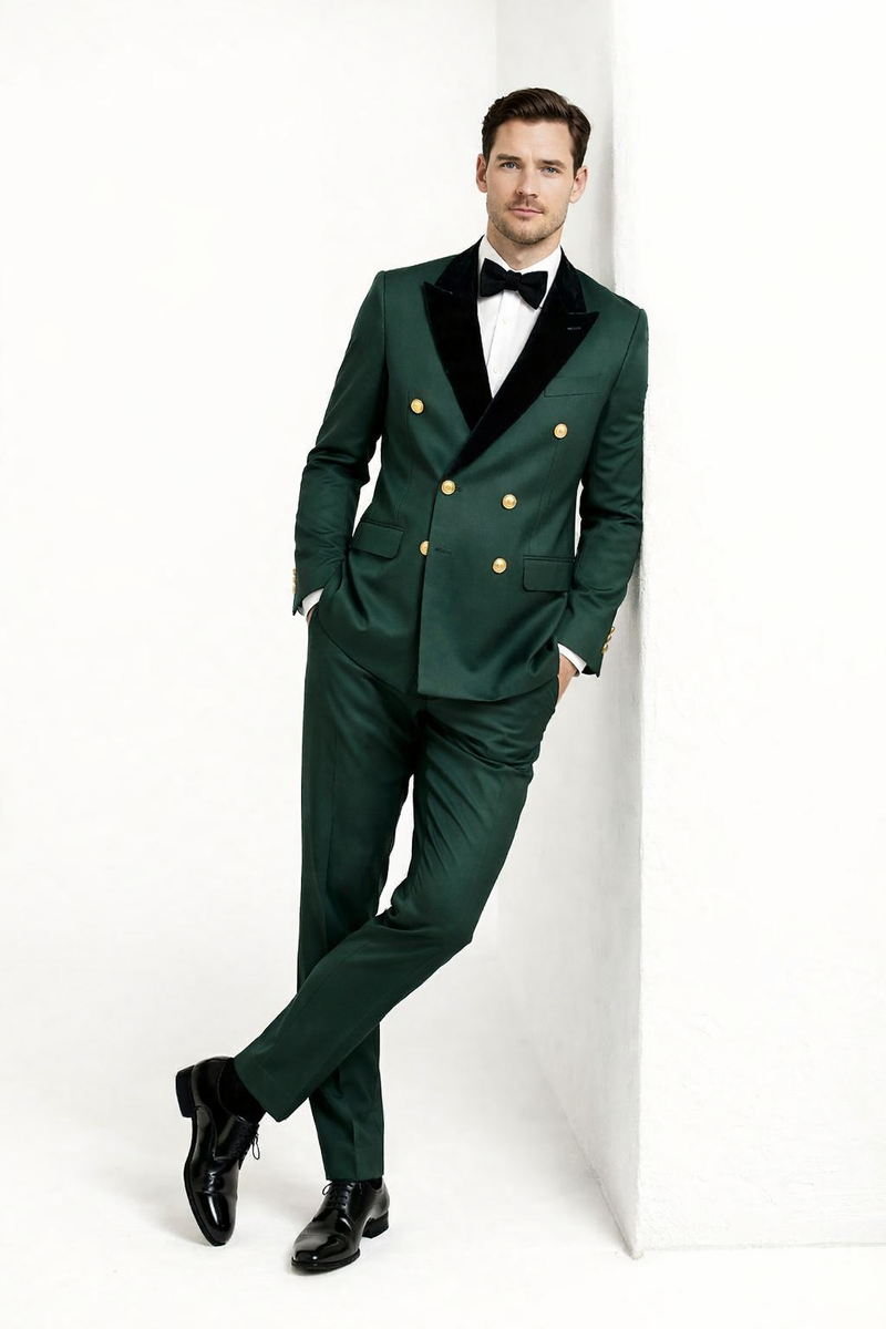 Mens Green and Gold Double-Breasted Wedding Tuxedo with Velvet Lapel