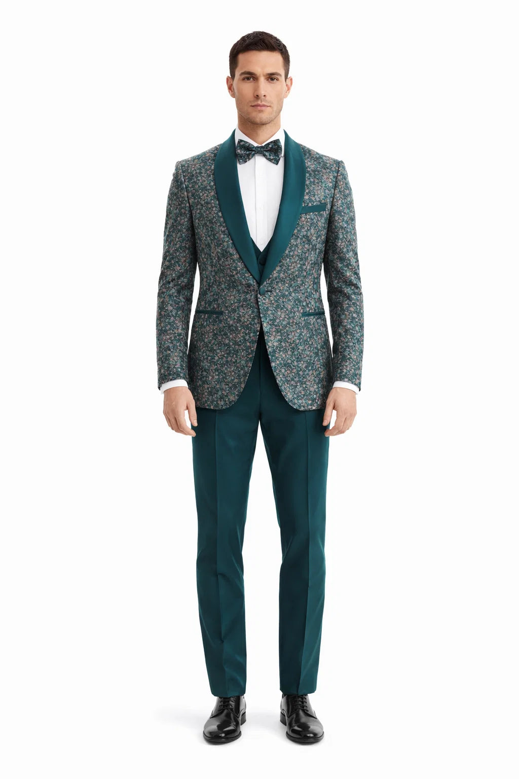 Men’s Green Splatter Print Prom Tuxedo – One Button Vintage Style with Shawl Lapel & Vest