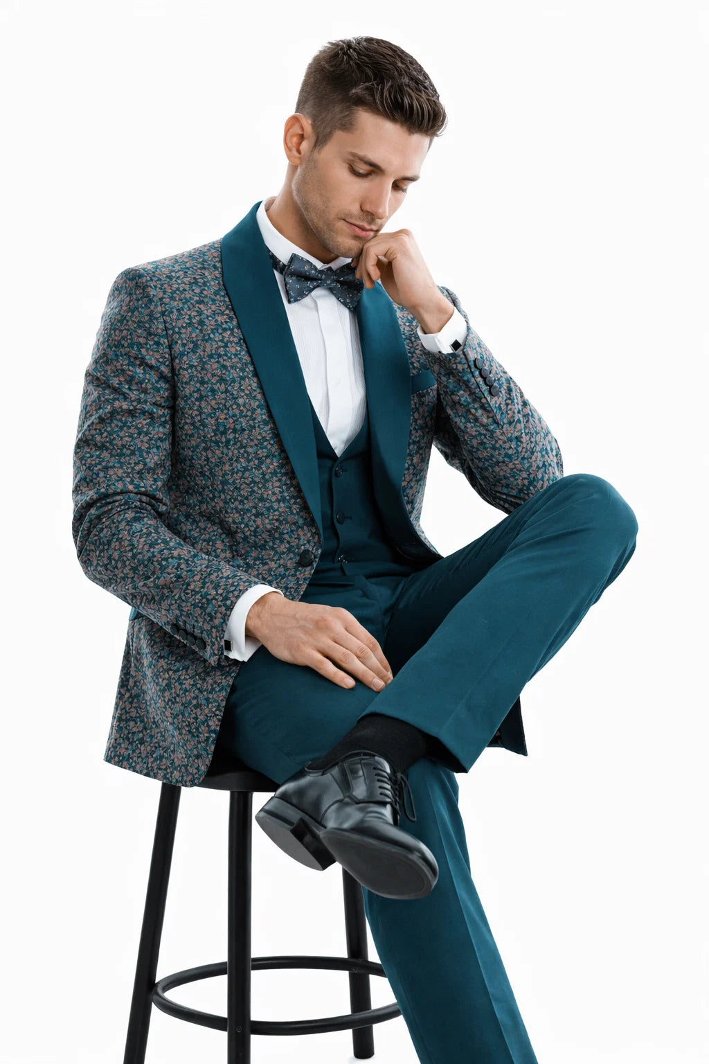 Men’s Green Splatter Print Prom Tuxedo – One Button Vintage Style with Shawl Lapel & Vest