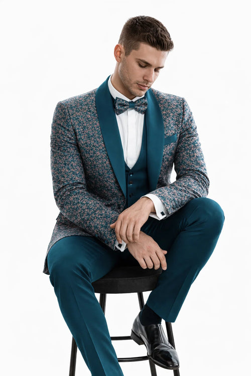 Men’s Green Splatter Print Prom Tuxedo – One Button Vintage Style with Shawl Lapel & Vest