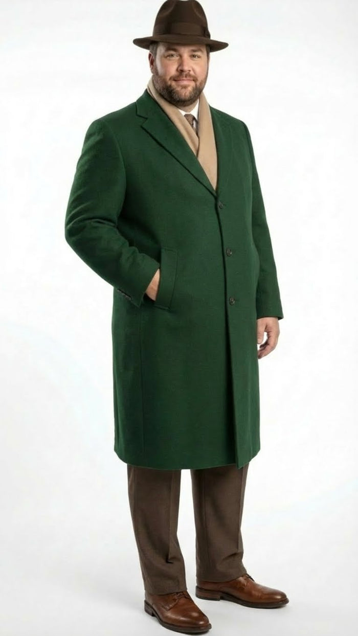 Men's hunter green wool overcoat. Full-length, straight cut with buttoned front & side pockets. Textured fabric, classic collar.
