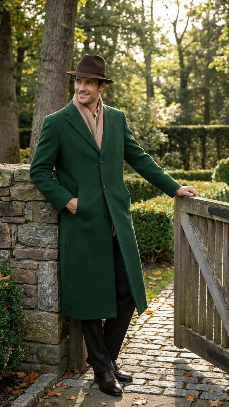 Alberto Nardoni men's hunter green wool overcoat. Tailored, full-length with a straight cut. Features a notched collar, button closure, and side pockets. Clean lines, suitable for formal wear.
