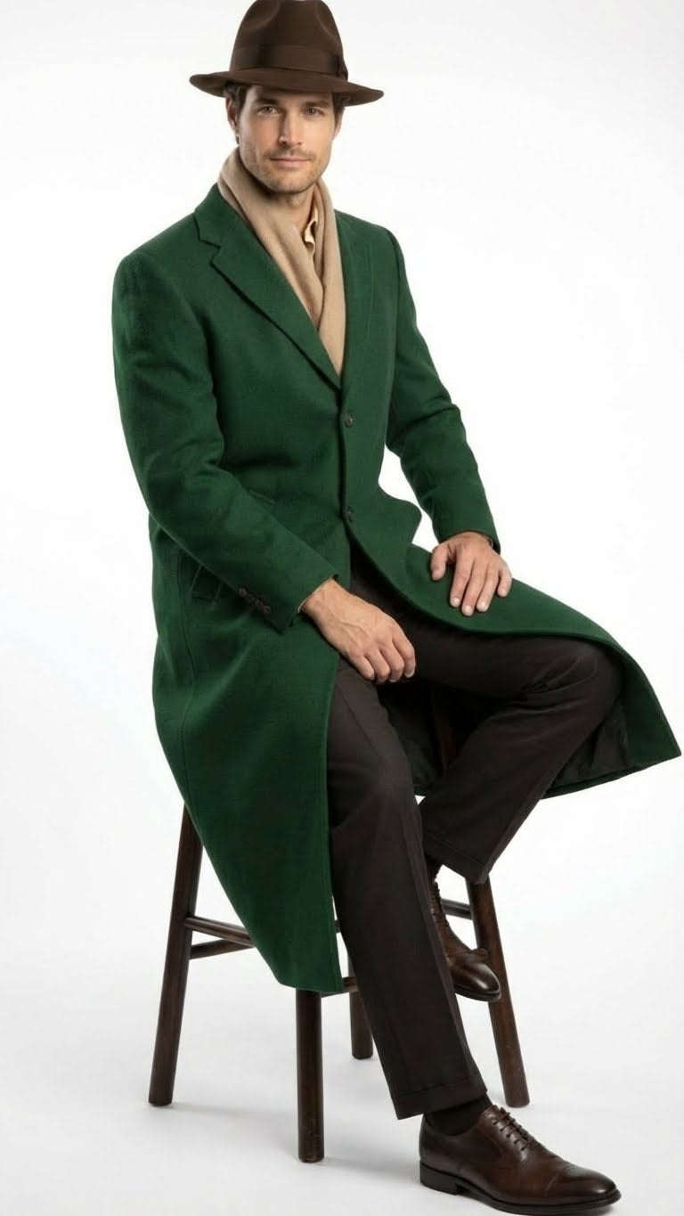 Men's hunter green wool overcoat. Full-length, tailored fit with straight cut, single-breasted, notched collar. Long sleeves, below-the-knee. Textured wool, two pockets, button closures.
