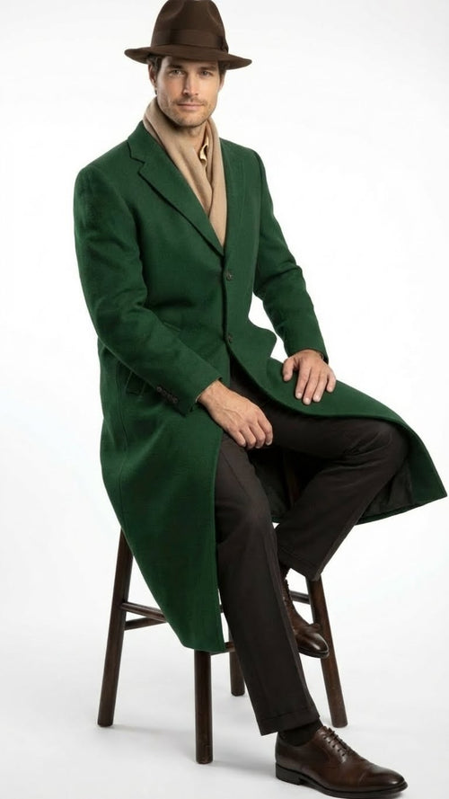 Men’s Hunter Green Full-Length Wool Overcoat