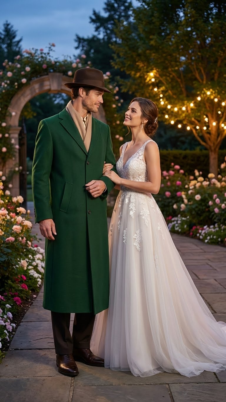 Men's hunter green wool overcoat. Full-length with notched collar, button closure, and side pockets. Straight fit, designed for warmth.
