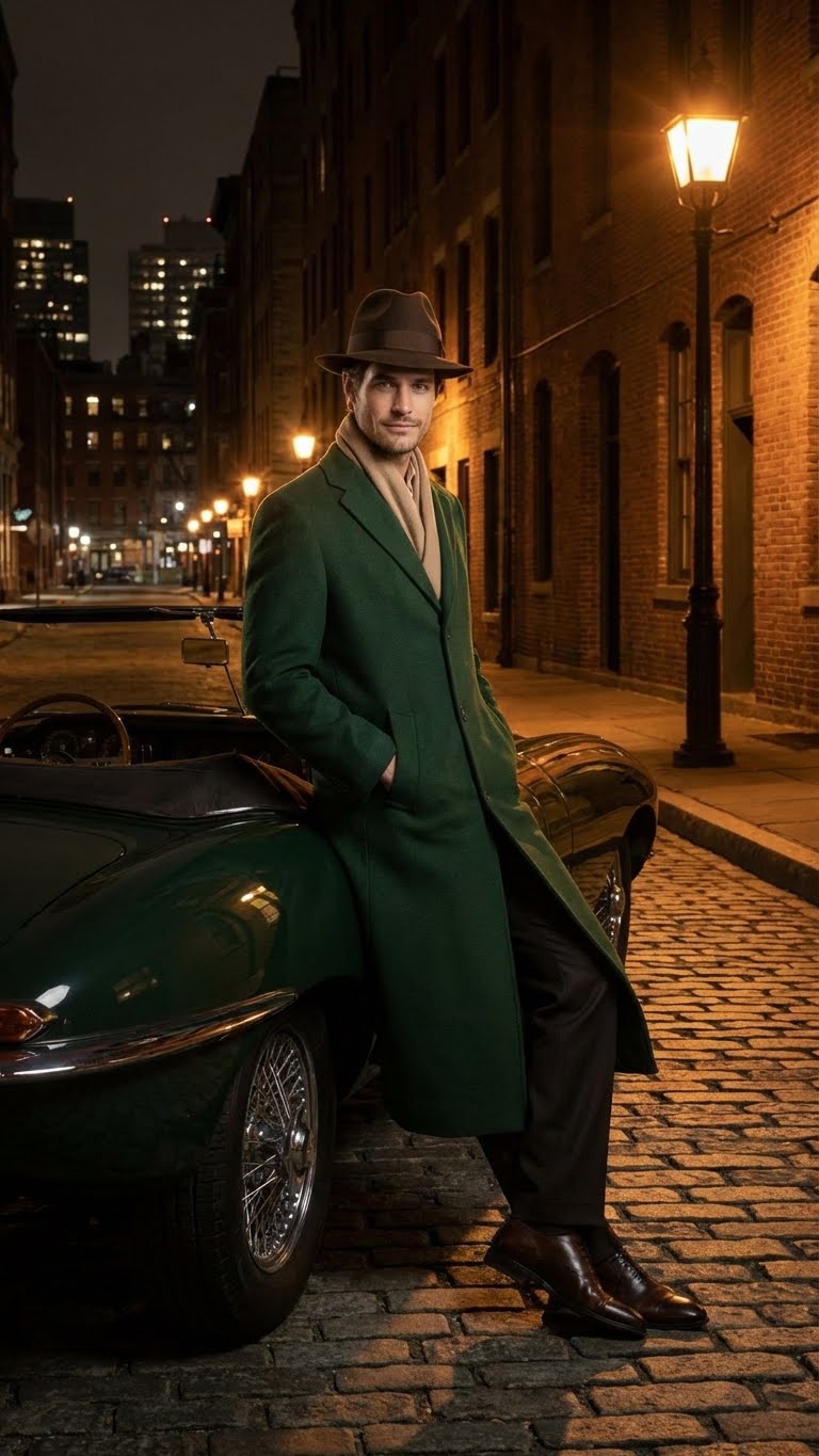 Alberto Nardoni men's hunter green wool overcoat. Tailored, full-length with straight lines and notched lapels. Single-breasted, smooth wool texture, two front pockets, clean hem.
