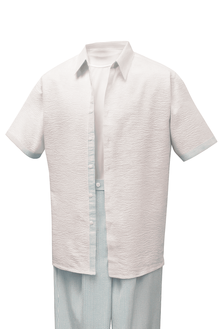 Sky blue men's two-piece set: short-sleeve button-up shirt with textured fabric, paired with matching striped pants. Creates a cohesive, stylish look.
