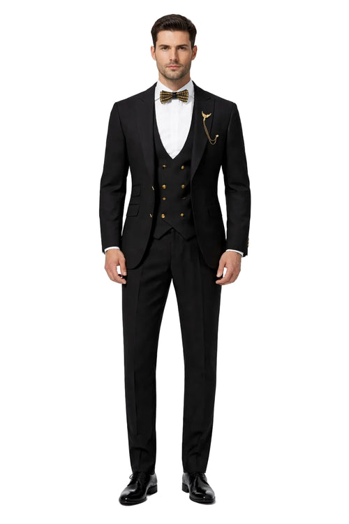 Mens Two Button Peak Lapel Suit Black