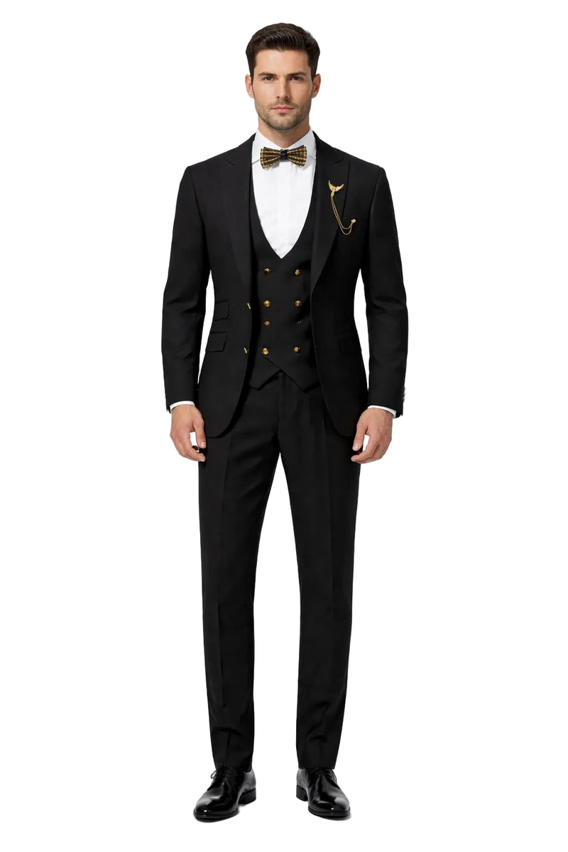 Mens Two Button Peak Lapel Suit Black