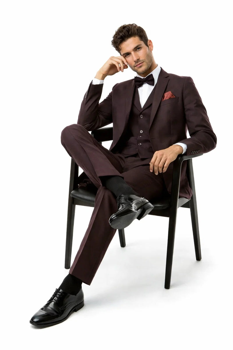 Mens Two Button Vested Vintage Style Tweed Wedding Suit Burgundy