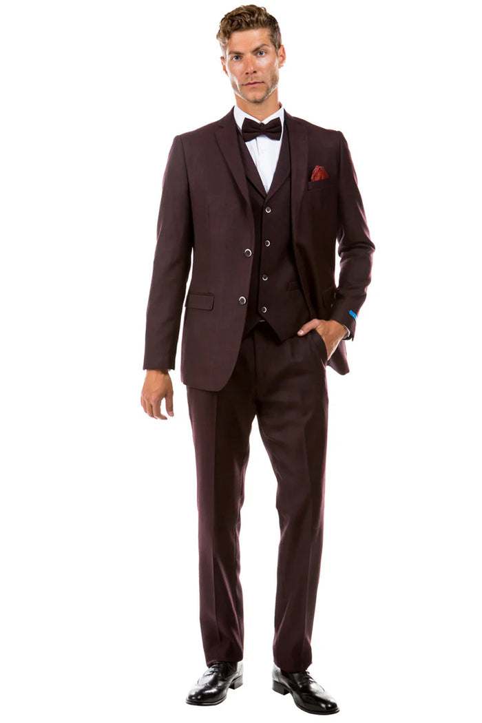Mens Two Button Vested Vintage Style Tweed Wedding Suit Burgundy