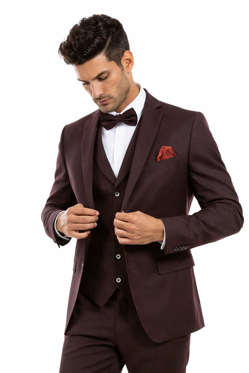 Mens Two Button Vested Vintage Style Tweed Wedding Suit Burgundy