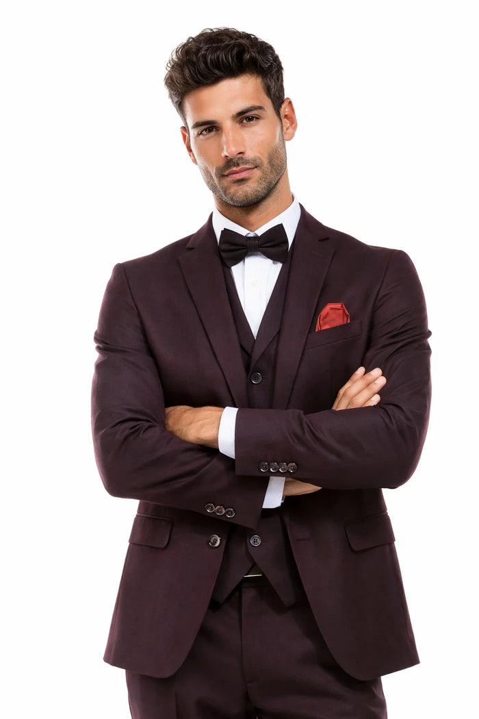 Mens Two Button Vested Vintage Style Tweed Wedding Suit Burgundy