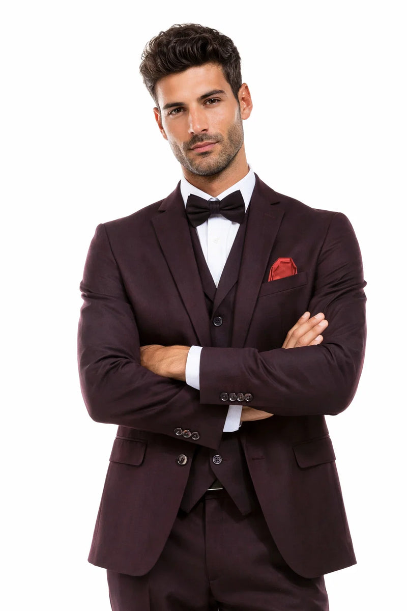Mens Two Button Vested Vintage Style Tweed Wedding Suit Burgundy