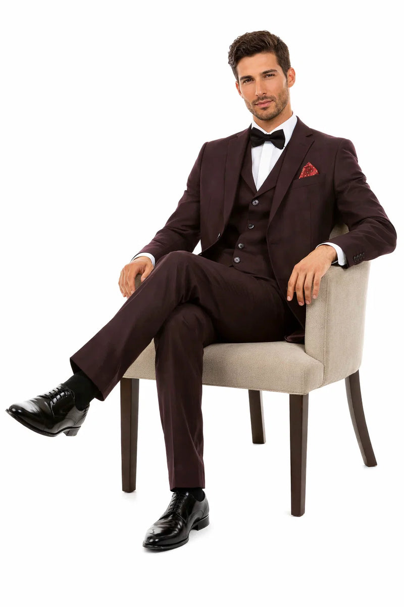 Mens Two Button Vested Vintage Style Tweed Wedding Suit Burgundy