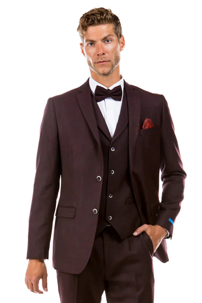 Mens Two Button Vested Vintage Style Tweed Wedding Suit Burgundy