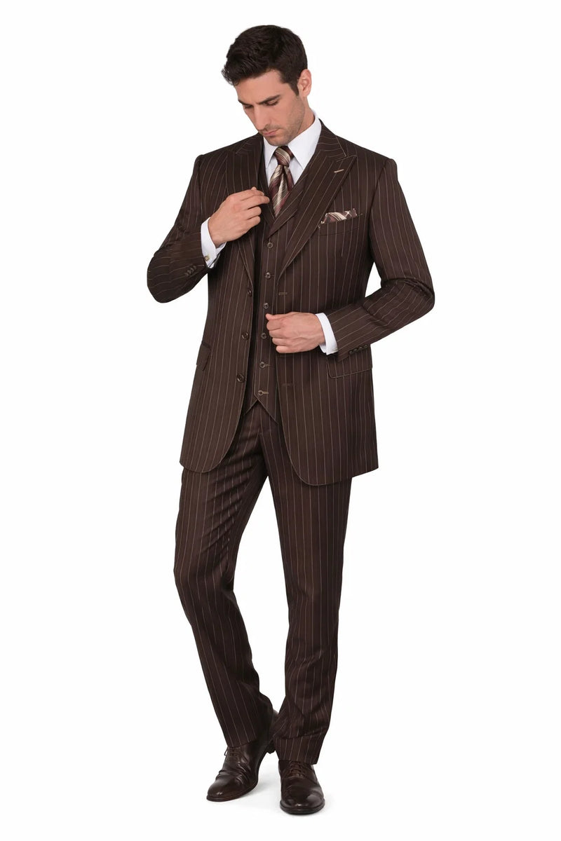 Men’s Vintage Brown Pinstripe 3-Piece Gangster Suit