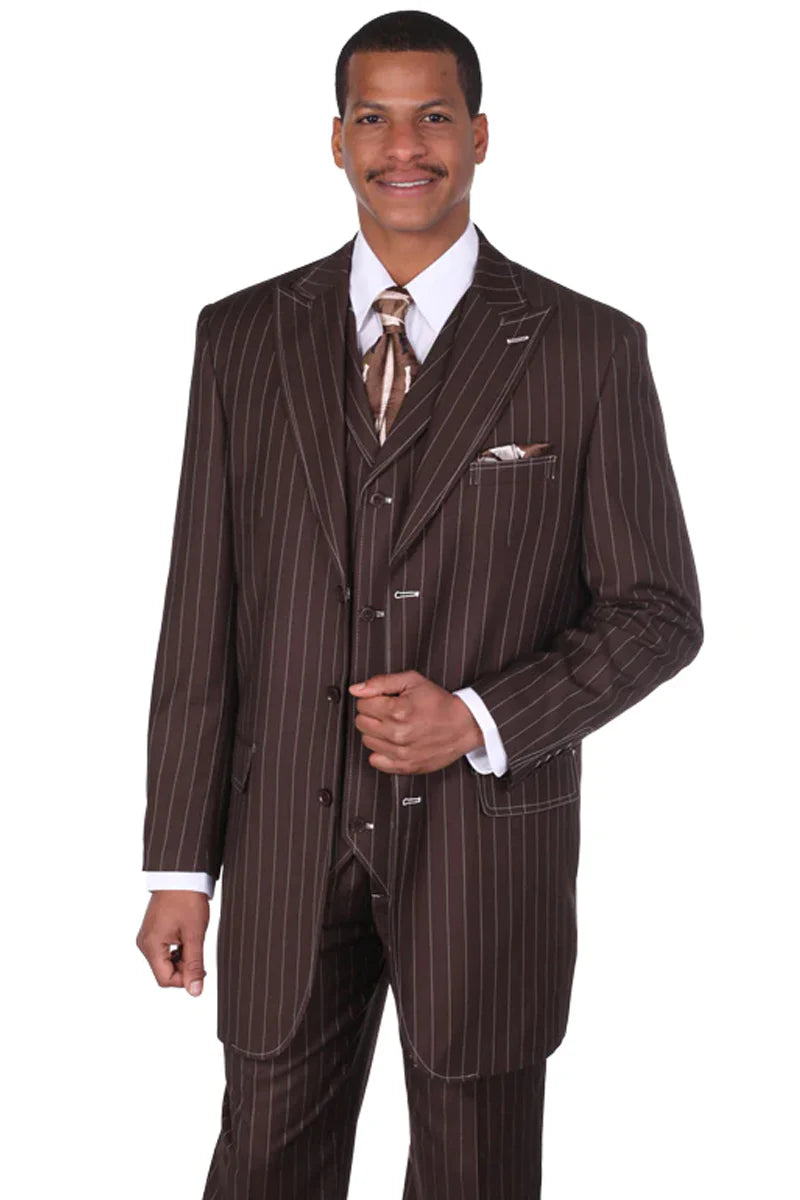 Men’s Vintage Brown Pinstripe 3-Piece Gangster Suit