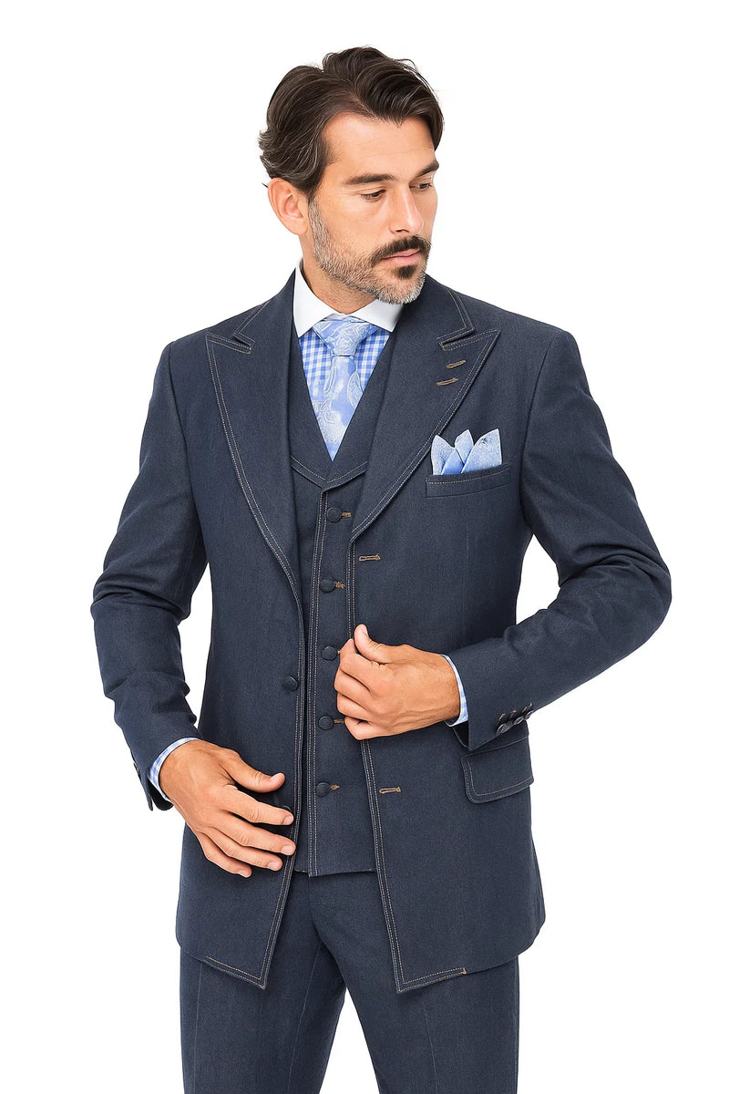 Men's vintage denim suit: fitted cotton blazer, matching vest, and tailored pants in dark blue. Classic lapel blazer design with contrasting stitching.
