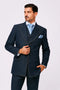 Vintage men's denim suit. Includes a cotton blazer (structured shoulders, notch lapels), vest, and slim-fit pants. Deep blue denim with tan stitching. Classic style.
