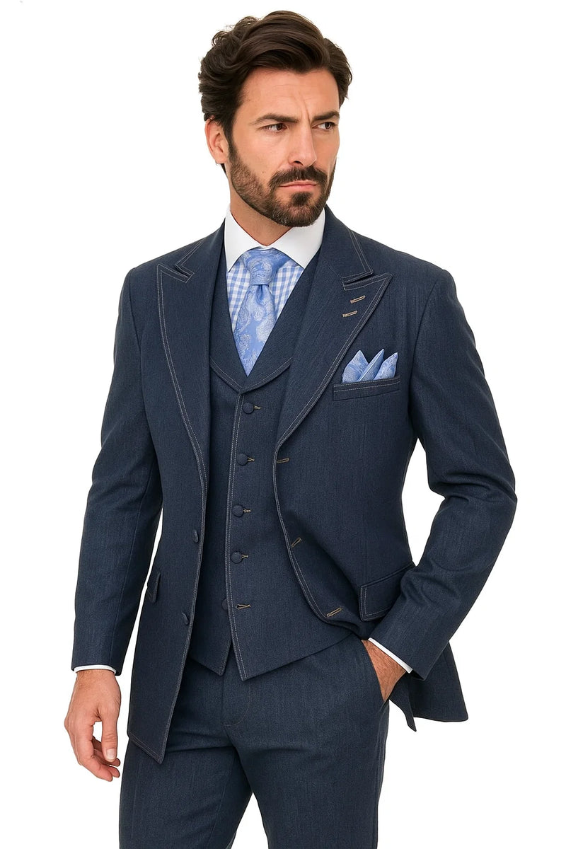 Vintage men's denim suit in dark blue: blazer with notched lapel, vest, and tailored pants. Features contrasting stitching and a cohesive, vintage aesthetic.
