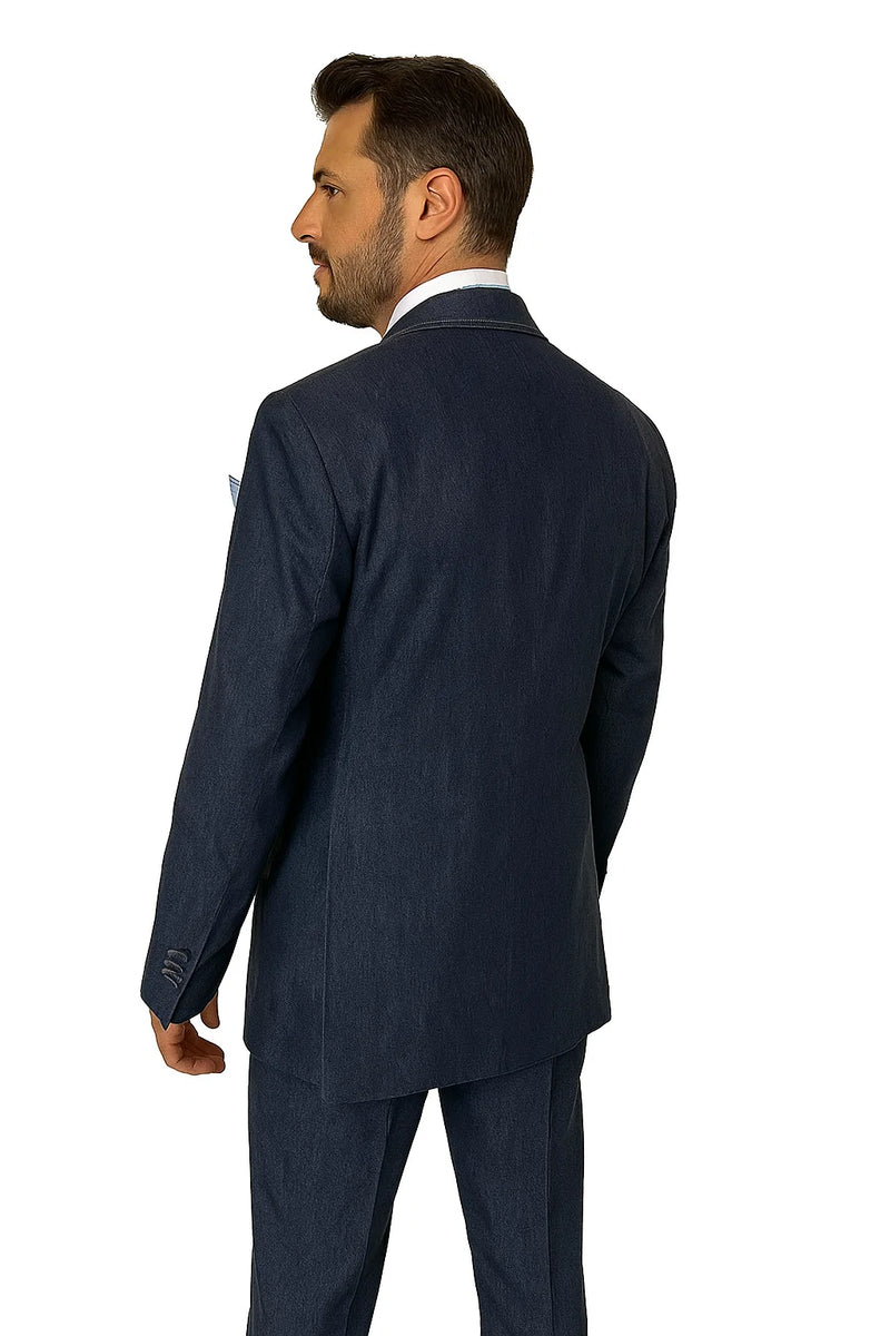 Men's vintage denim suit in dark blue. Includes a cotton blazer with structured shoulders and notch lapel, plus straight-cut pants. Tailored fit with subtle denim texture. No visible patterns.
