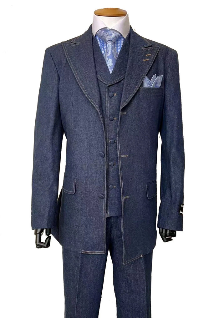 Vintage men's denim suit: blazer, vest, pants. Dark blue cotton, contrasting stitching. Blazer: notch lapel, button closure, pockets. Vest: buttons, pointed collar. Pants: straight leg.

