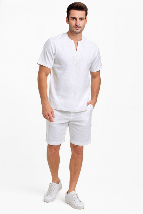 Men’s White Embroidered Short Set – Casual Summer Outfit with V-Neck Shirt and Matching Shorts