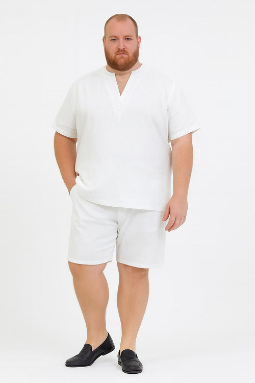 Men's white short set: V-neck short sleeve shirt with chest embroidery & tailored shorts. Mid-thigh length, lightweight, breathable fabric for comfort.
