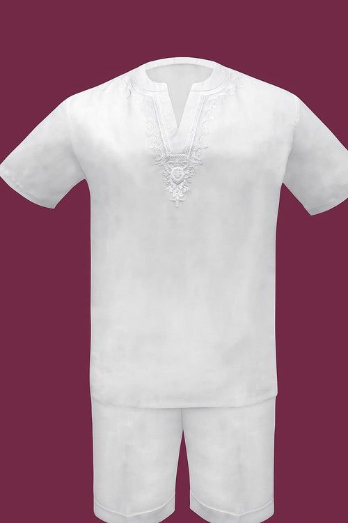 Men’s White Embroidered Short Set – Casual Summer Outfit with V-Neck Shirt and Matching Shorts