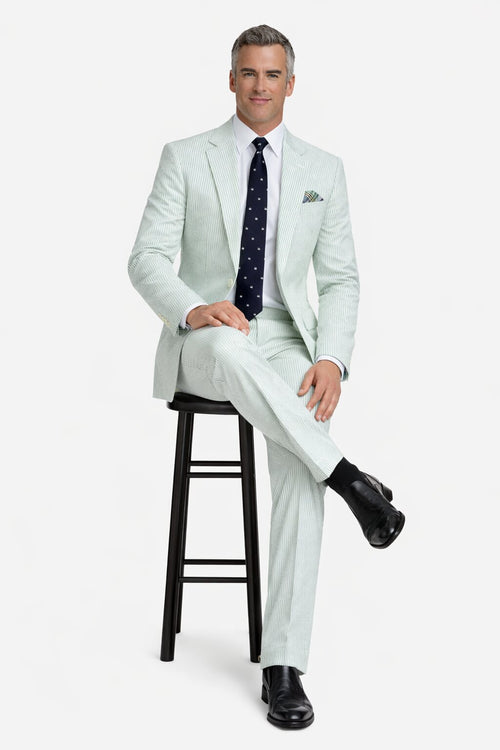Men’s White and Black Seersucker Suit – Classic Lightweight Striped Summer Suit for Weddings and Formal Events