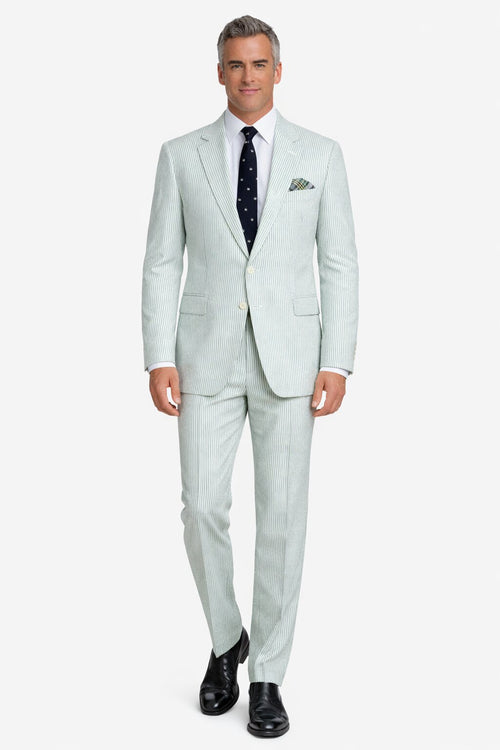 Men’s White and Black Seersucker Suit – Classic Lightweight Striped Summer Suit for Weddings and Formal Events